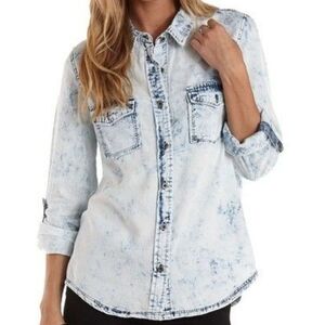 Charlotte Russe - LG Blue Acid Wash Button-Up Blouse